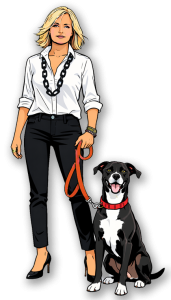 Cartoon style image of Jutta Roth, you're partner in Realtor Services and Luna the Real Estate Wonder Dog!