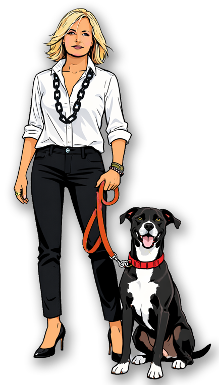 Cartoon style image of Jutta Roth, you're partner in Realtor Services and Luna the Real Estate Wonder Dog!